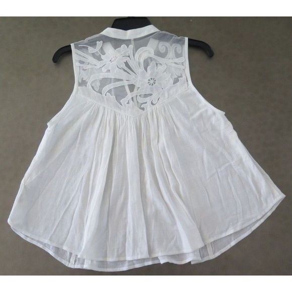 Free People Boho Lace Blouse Top w/Button & Tie Collar Ivory $85 - Picture 4 of 7